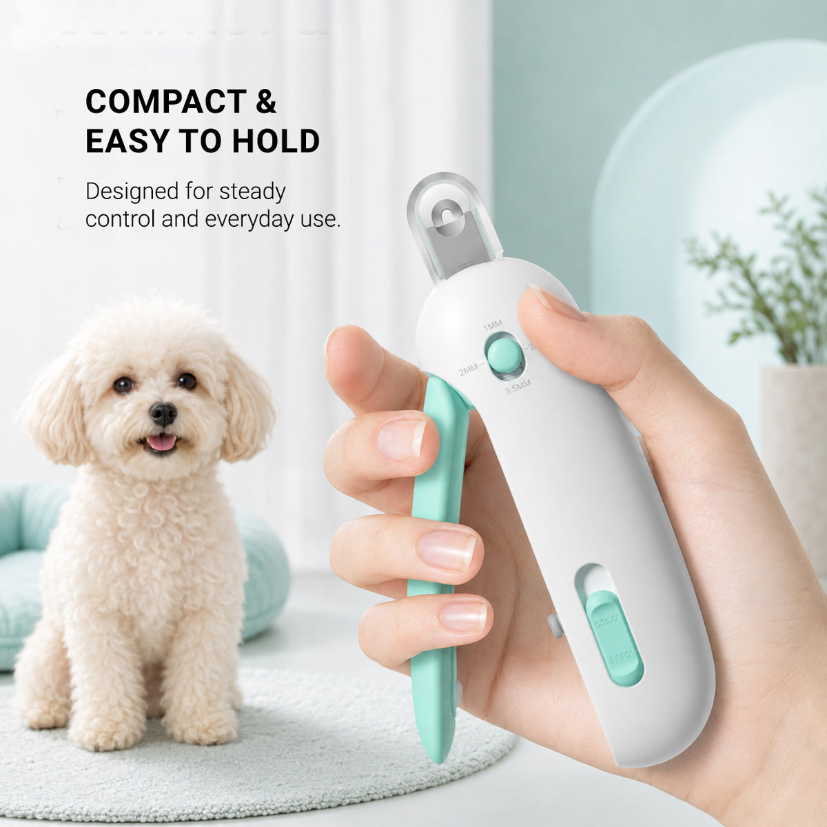 Close-up detail of the PawTrim gravity push nail clipper trimming mechanism