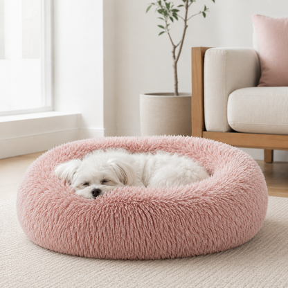 Pink CloudNest plush round dog bed with fluffy cushioned center