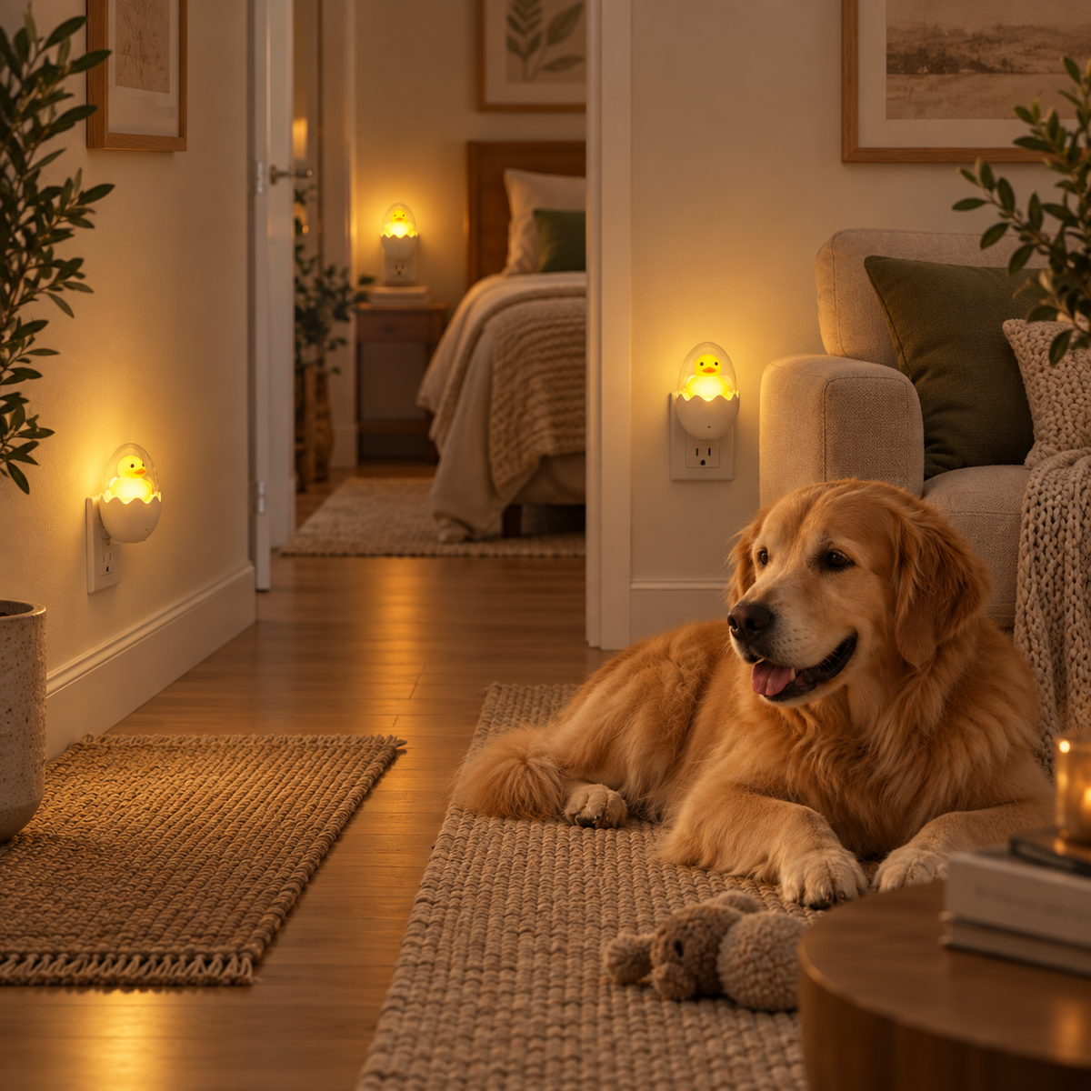 Plug-in duck night lights adding warm glow to a cozy modern home interior