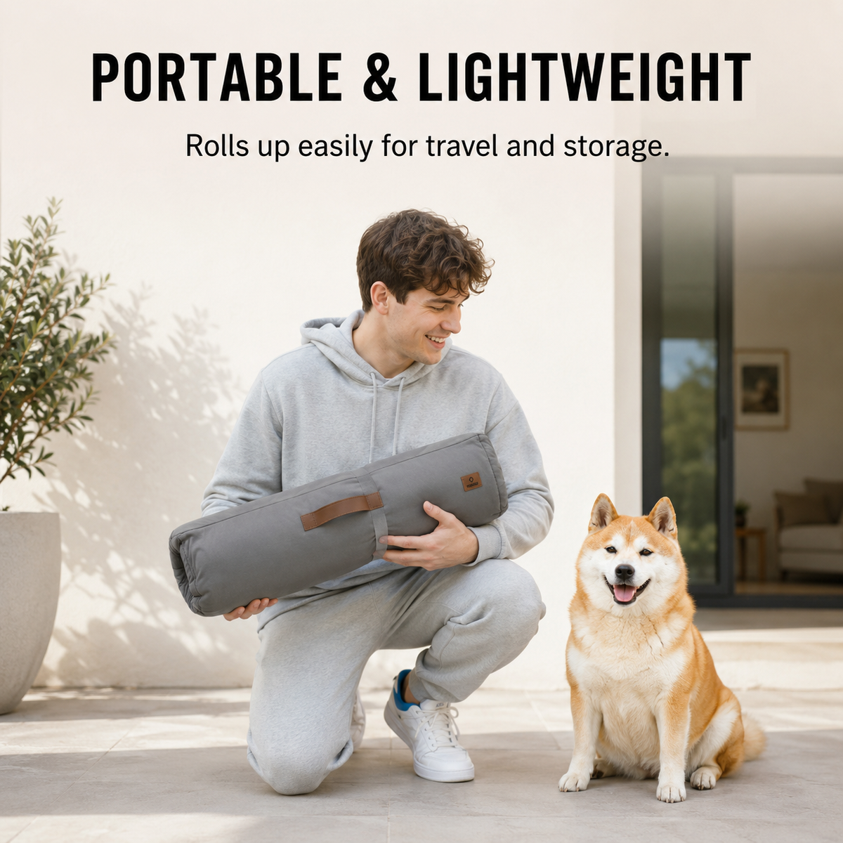 Dog relaxing on portable inflatable bed indoors