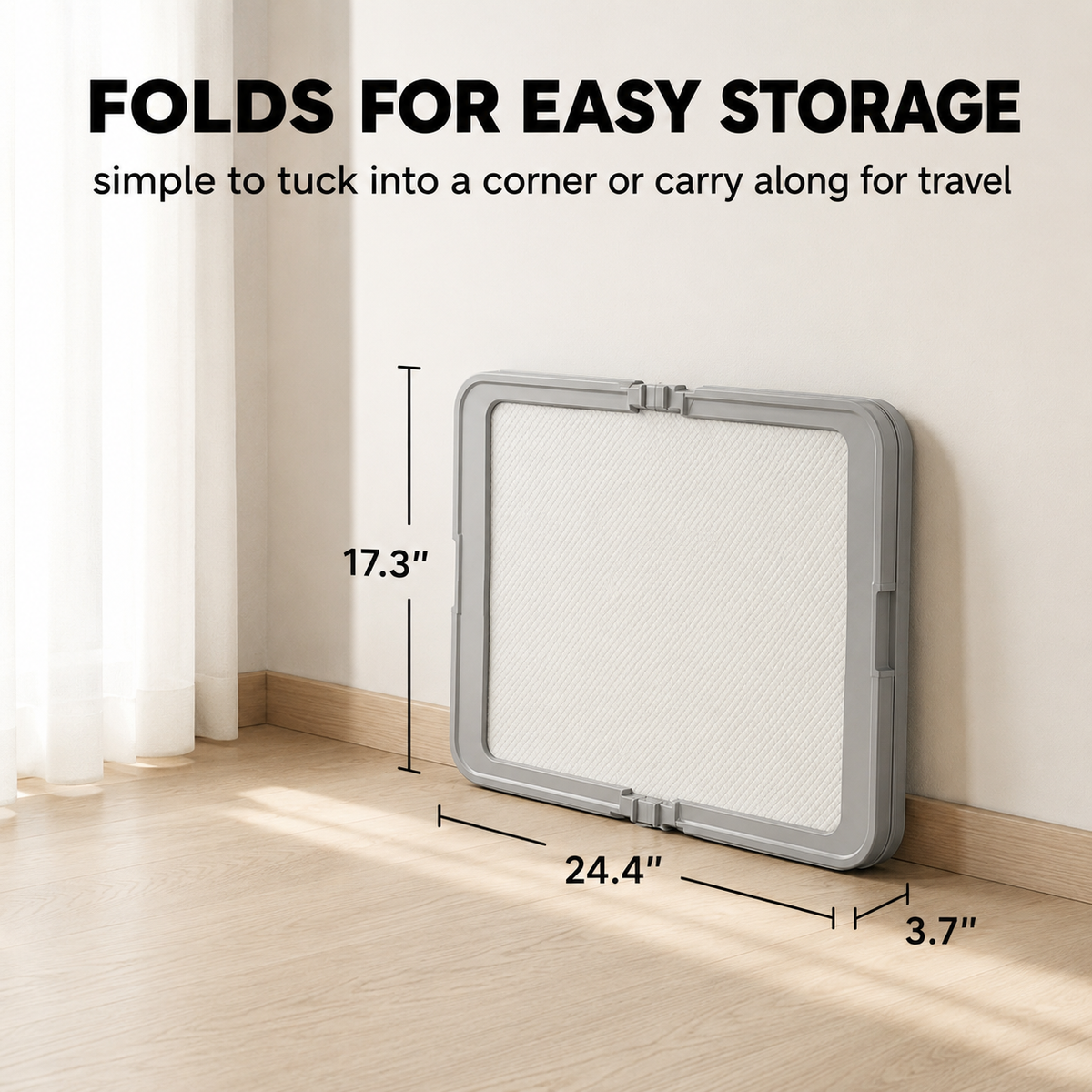 Folded portable dog pee pad tray stored upright for easy home storage and travel