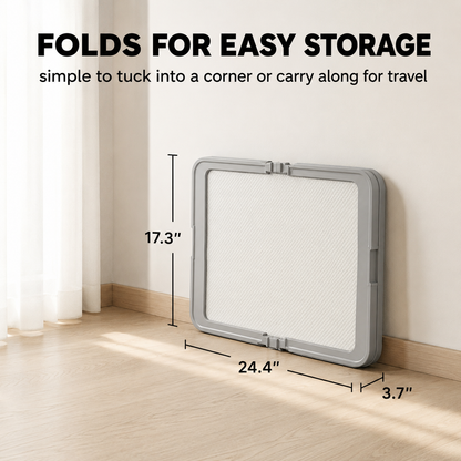 Folded portable dog pee pad tray stored upright for easy home storage and travel