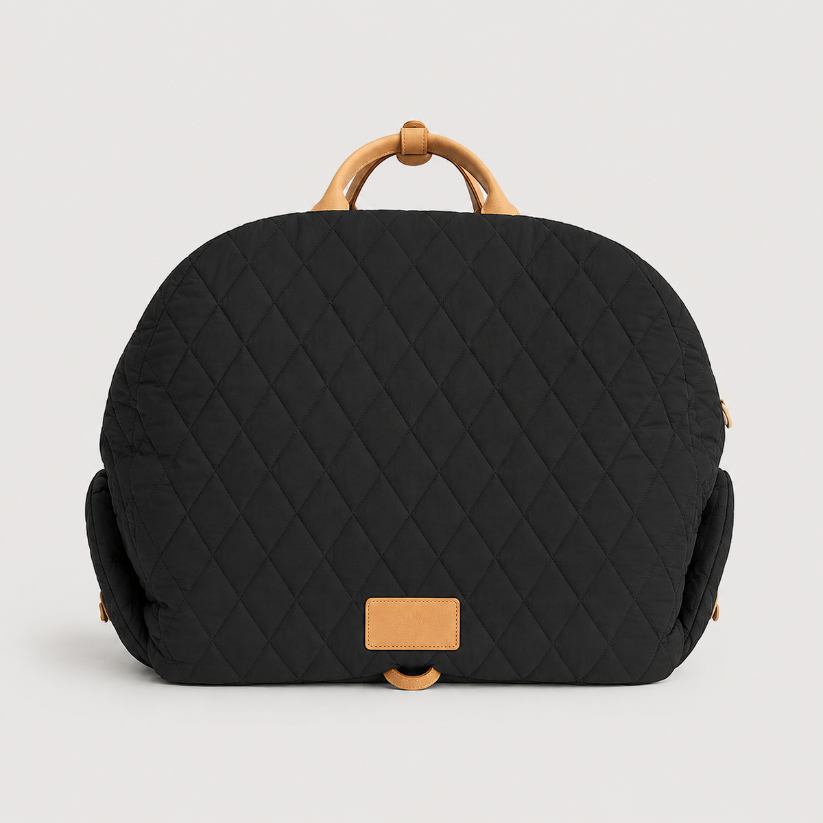 Black quilted comfort pet carrier bag front view with tan handles