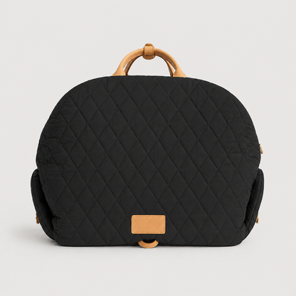 Black quilted comfort pet carrier bag front view with tan handles