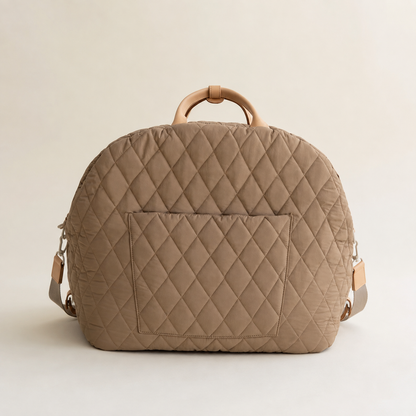 Khaki quilted pet carrier bag back pocket and padded exterior detail