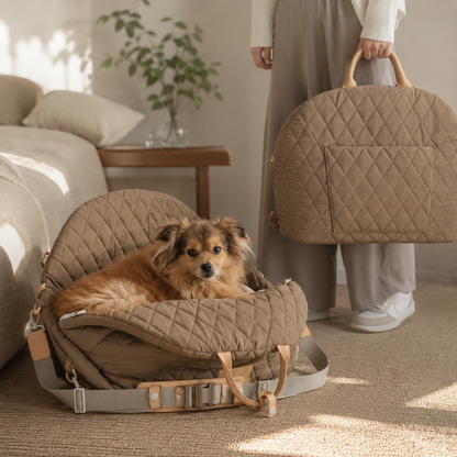 Small dog relaxing in a khaki quilted comfort pet carrier bag indoors