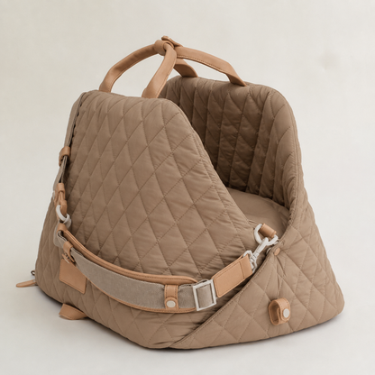 Khaki quilted pet carrier interior with padded sides and shoulder strap