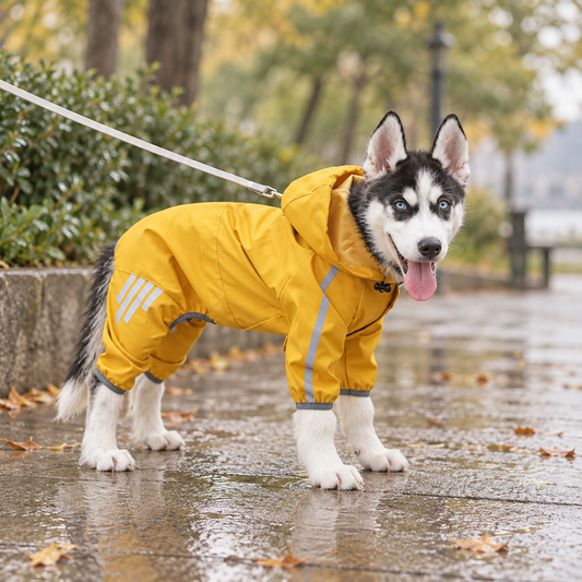 Dog wearing RainGuard reflective hooded raincoat on a rainy walk