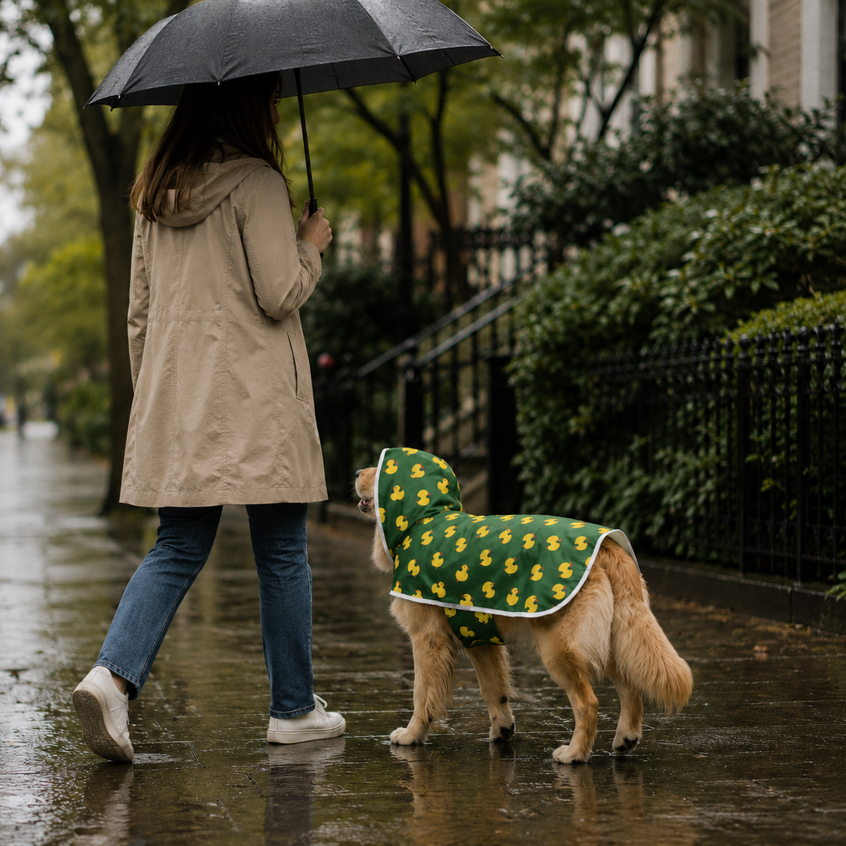 Dog wearing RainShield waterproof raincoat on a rainy walk