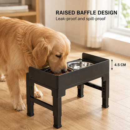 Golden retriever eating from an elevated dog bowl with raised spill guard