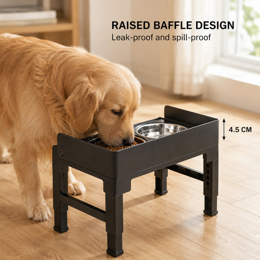 Golden retriever eating from an elevated dog bowl with raised spill guard