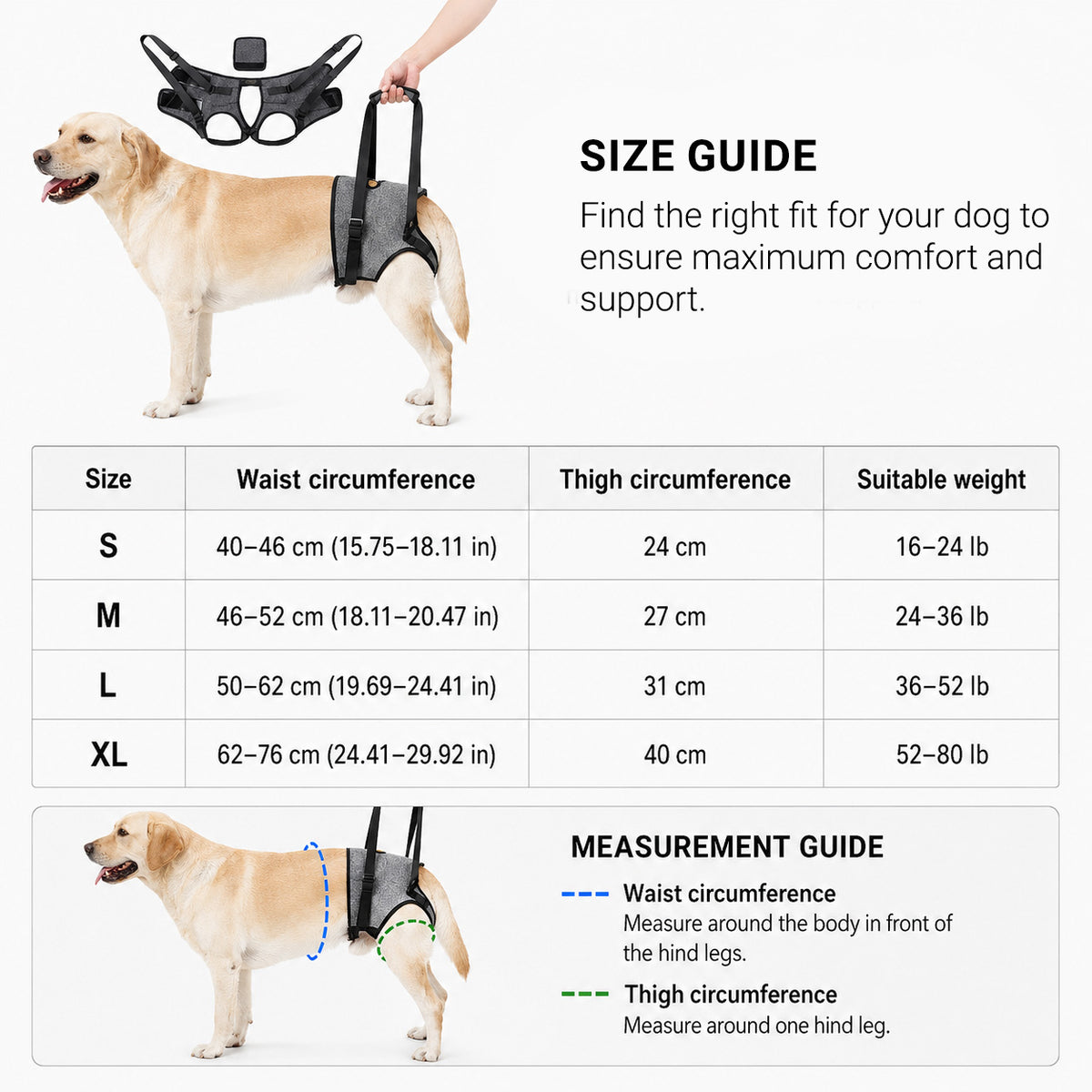 GentleLift rear support dog harness size guide for choosing the correct fit