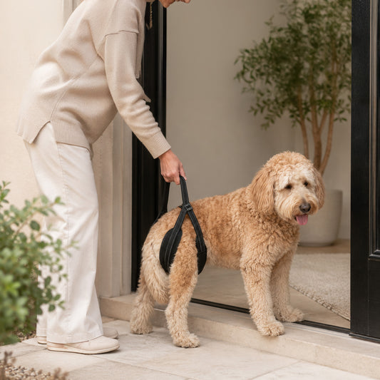 Dog wearing the LiftAssist reflective rear support sling during an outdoor mobility walk
