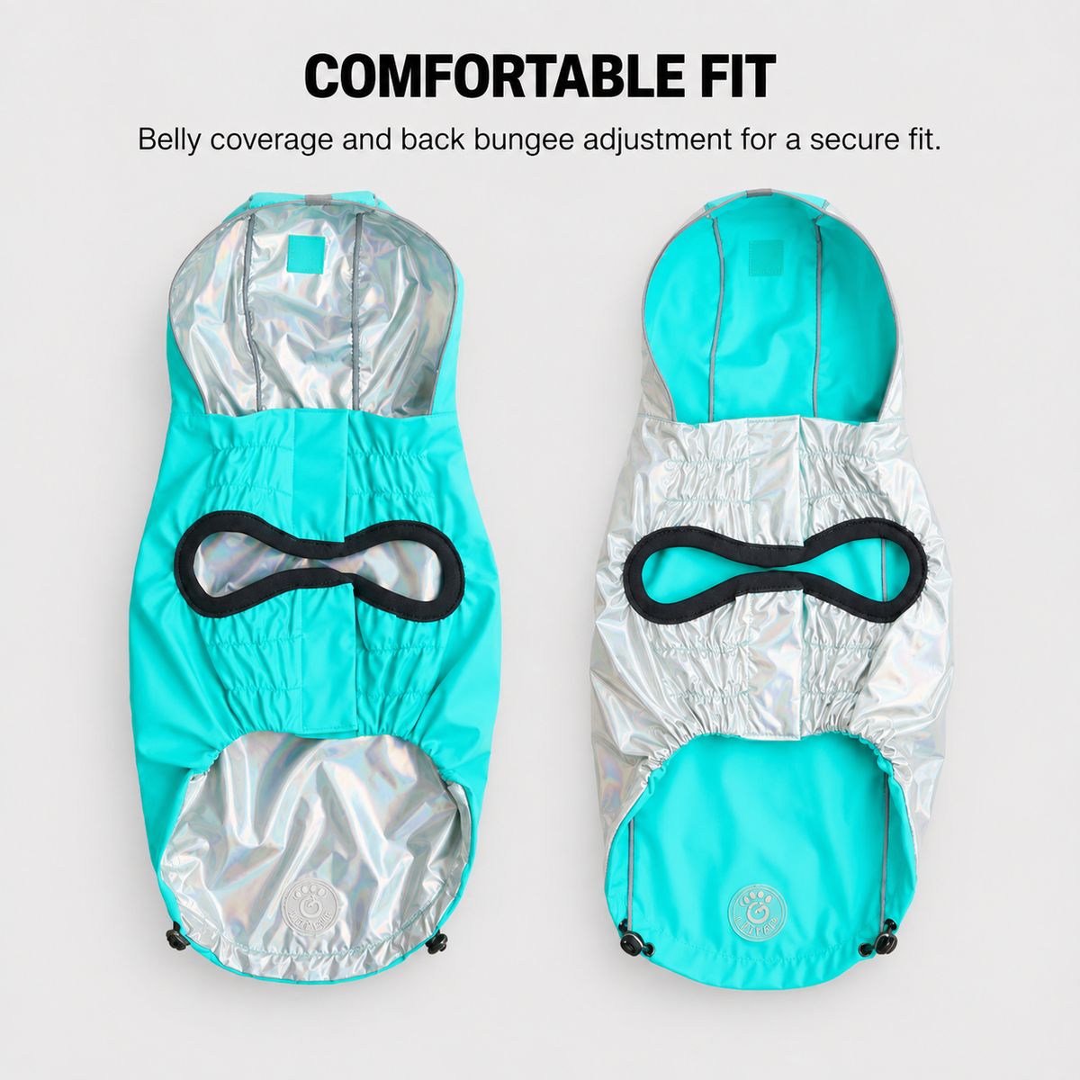 Reflective trim detail on the neon aqua waterproof dog raincoat.