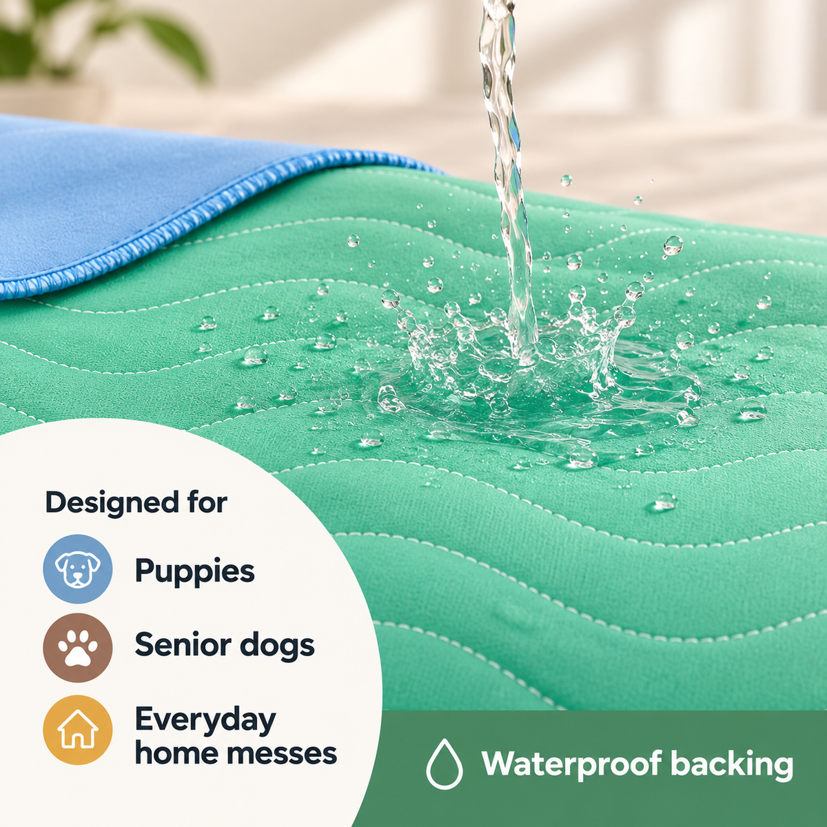 Reusable dog pee pad with soft quilted top layer and non-slip blue backing