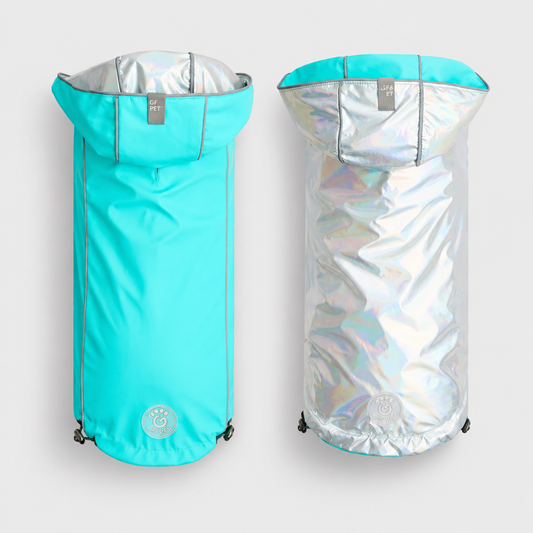 Neon aqua reversible waterproof dog raincoat