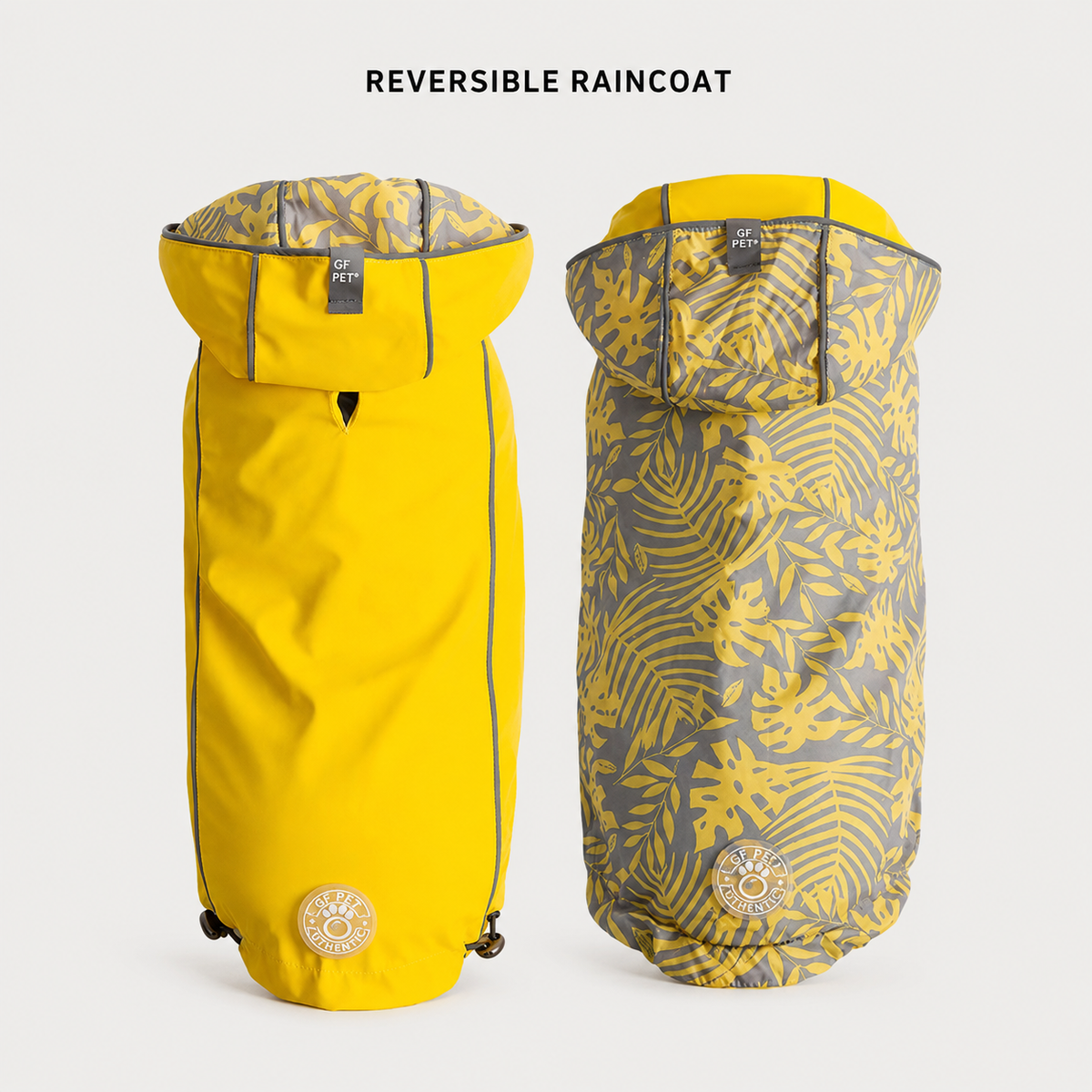 Yellow reversible waterproof dog raincoat with adjustable hood