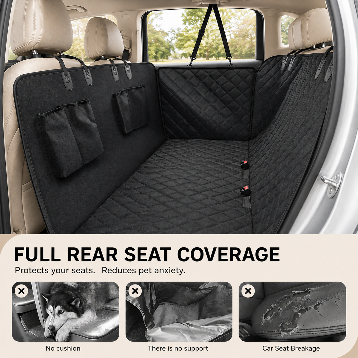 RoadNest dog car hammock installed across a vehicle back seat for everyday pet travel