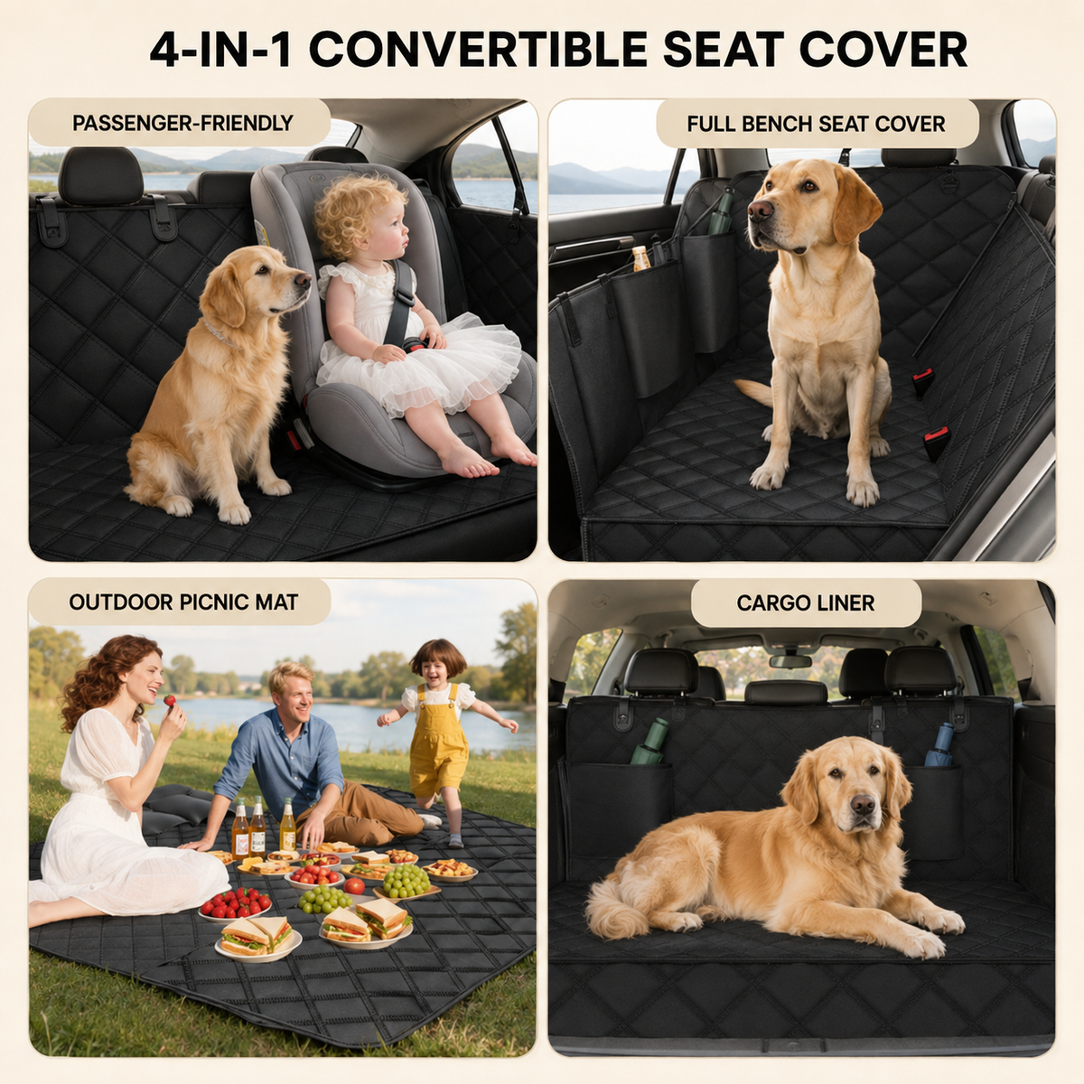 RoadNest dog car seat cover showing protective hammock-style coverage for vehicle seats