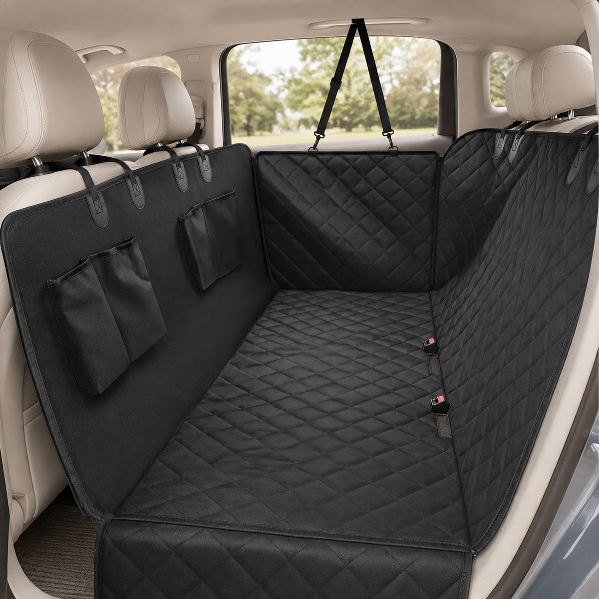 RoadNest waterproof dog car hammock in black for protecting the back seat during pet travel