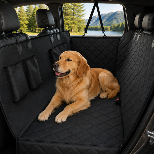 RoadNest waterproof dog car hammock showing quilted back-seat coverage for dogs