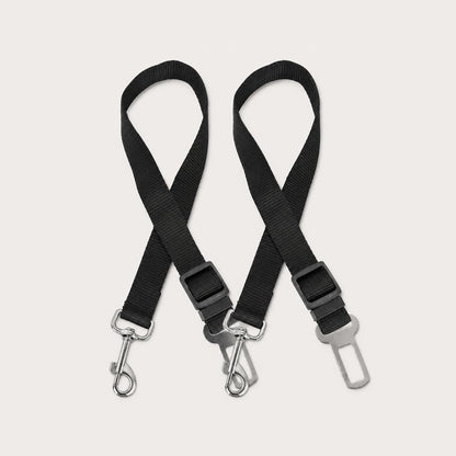 SafeRide 2-piece adjustable dog car seat belt set in black with metal buckle clips