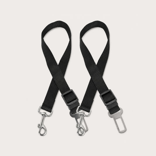 SafeRide 2-piece adjustable dog car seat belt set in black with metal buckle clips