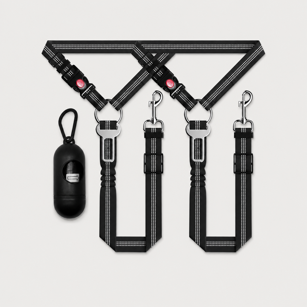 Black SafeRide 3-piece reflective dog car seat belt set with adjustable headrest tethers
