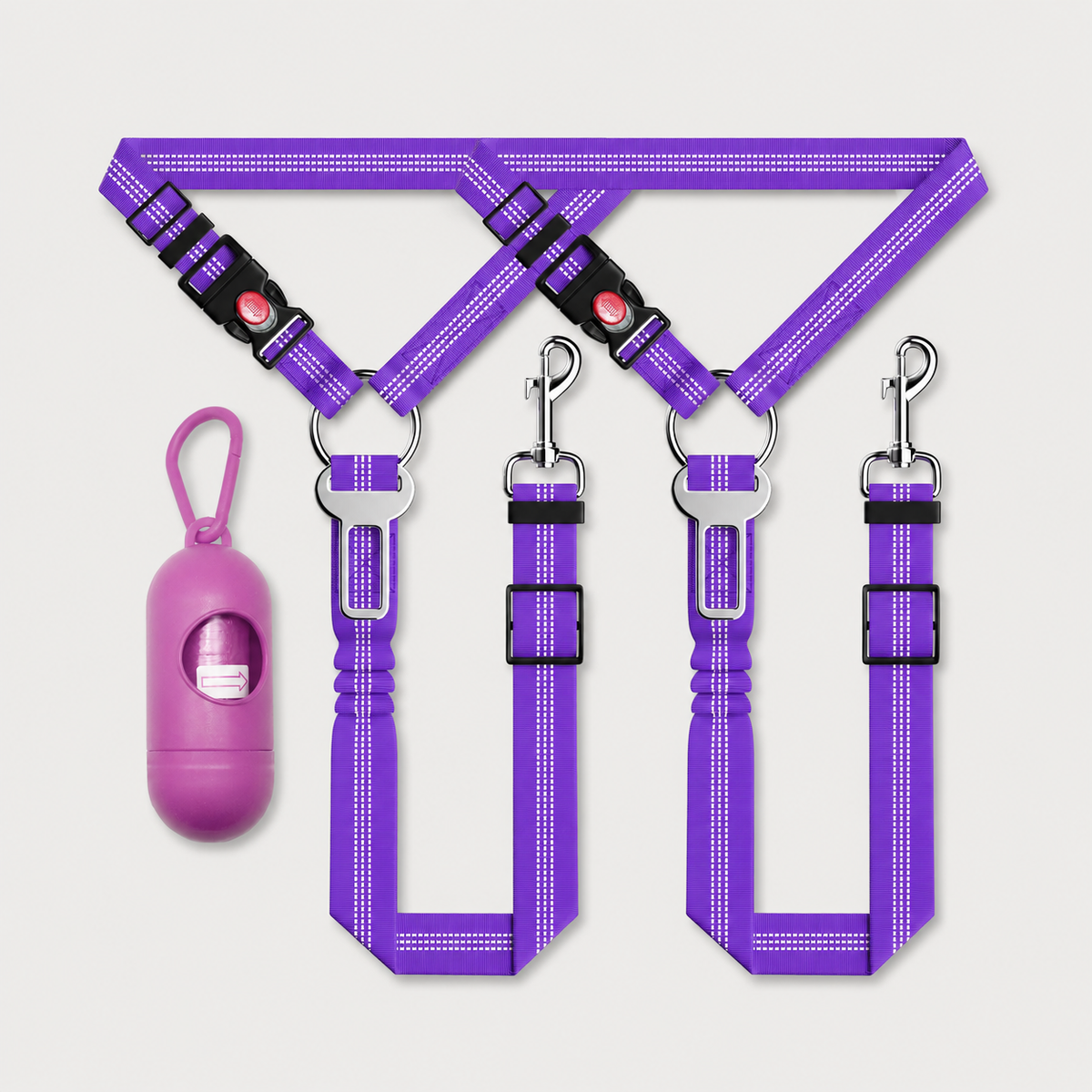 Dark violet SafeRide 3-piece reflective dog car seat belt set for pet travel