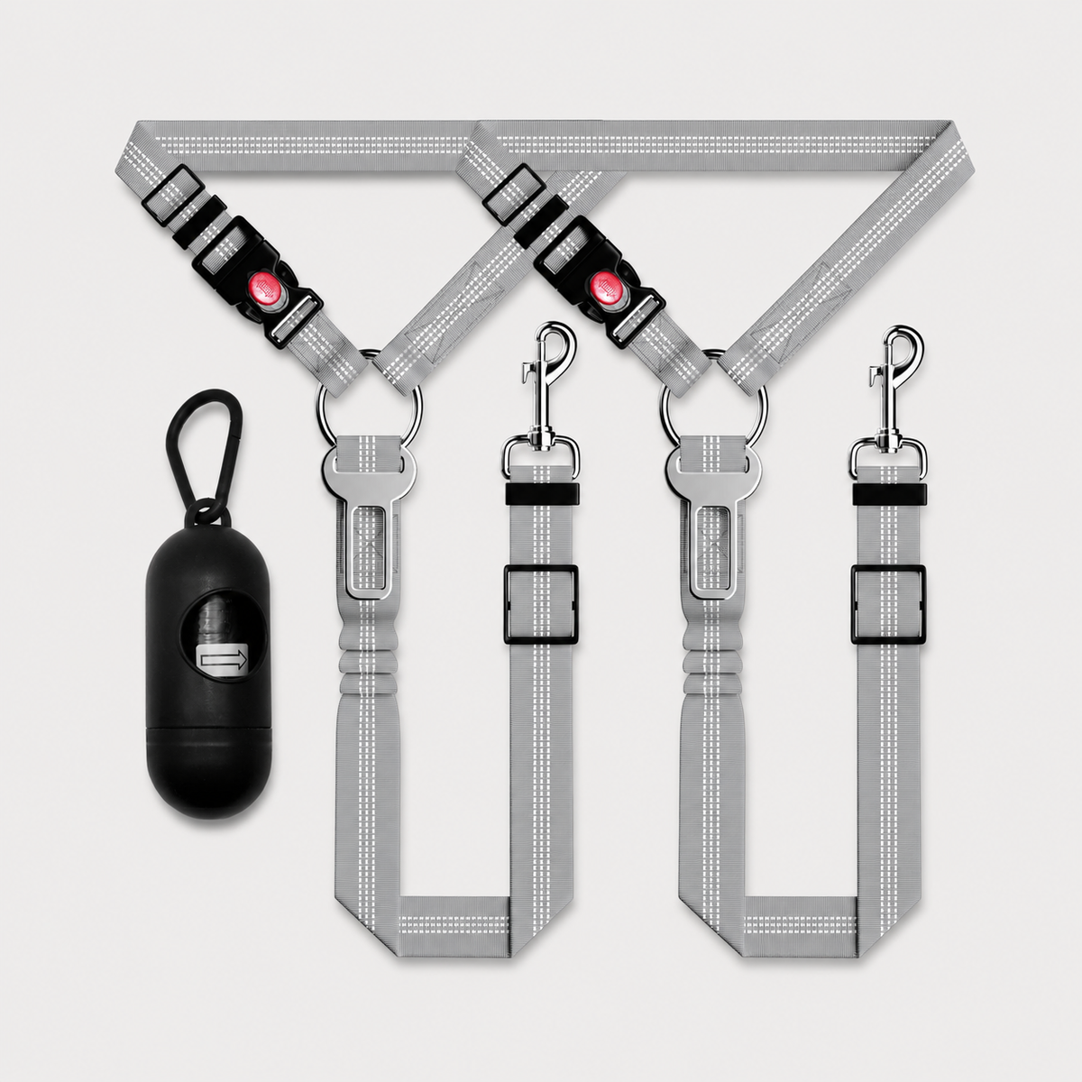 Deep space gray SafeRide 3-piece dog car seat belt set with reflective stitching