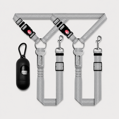 Deep space gray SafeRide 3-piece dog car seat belt set with reflective stitching