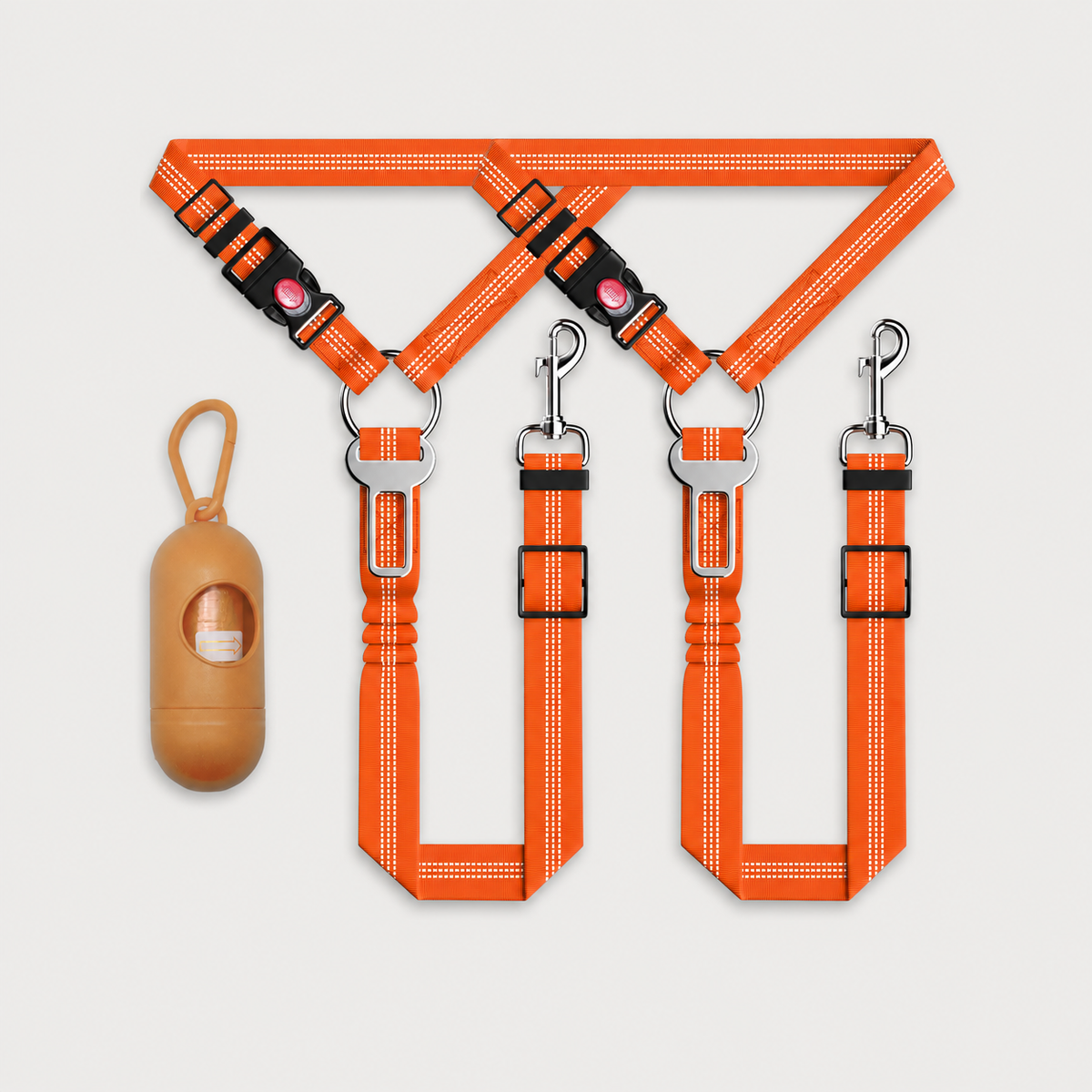 Orange SafeRide 3-piece reflective dog car seat belt set for car travel