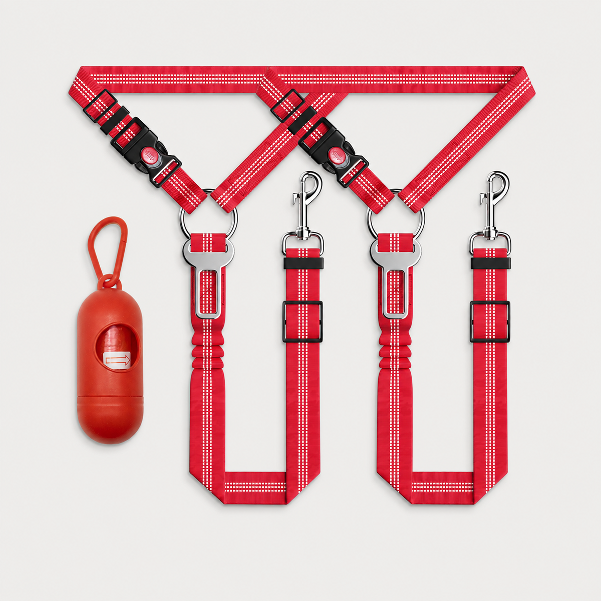 Red SafeRide 3-piece reflective dog car seat belt set with headrest-loop attachment