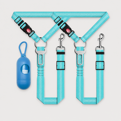 Sky blue SafeRide 3-piece dog car seat belt set with reflective adjustable straps