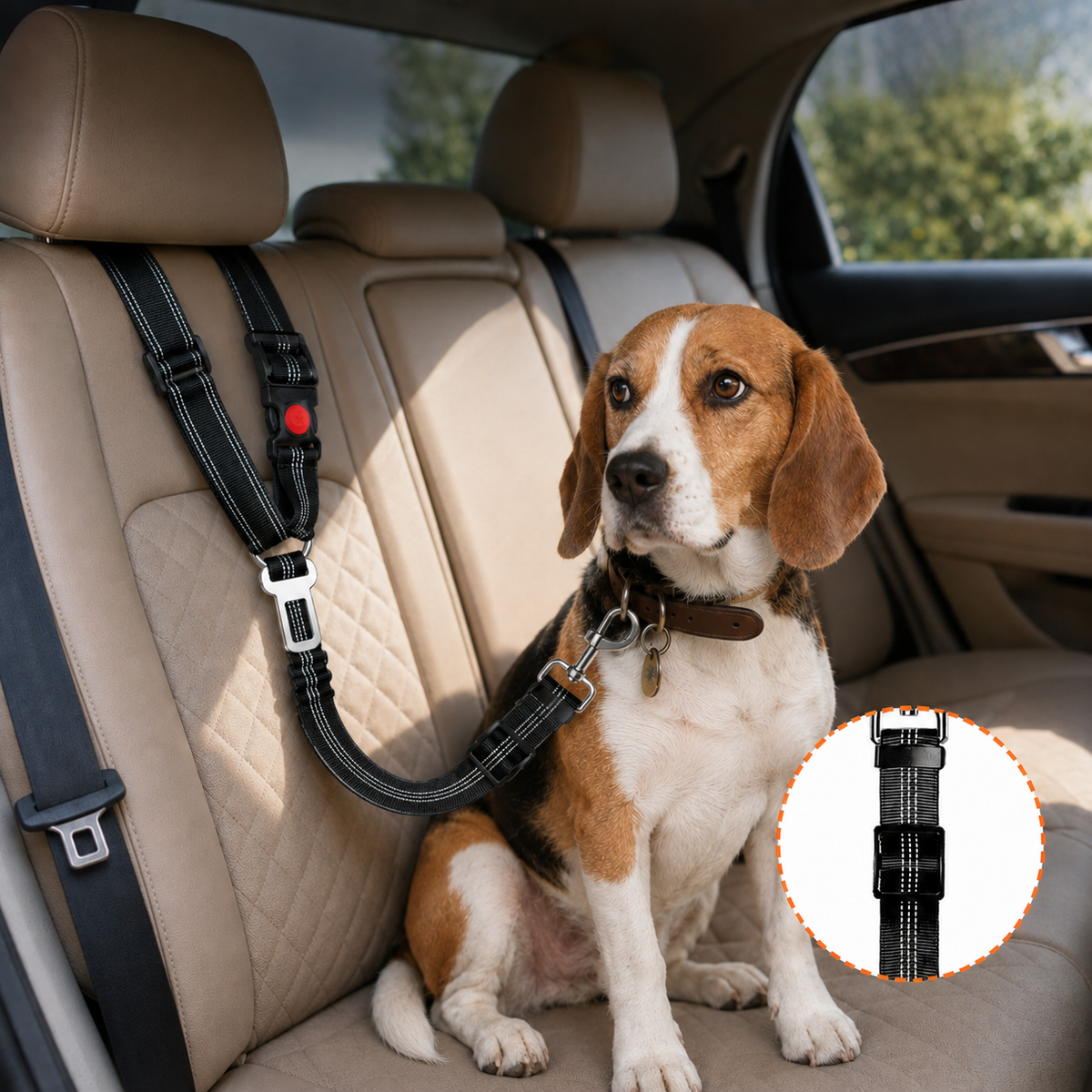 SafeRide 3-piece reflective dog car seat belt set with adjustable bungee tethers for vehicle travel