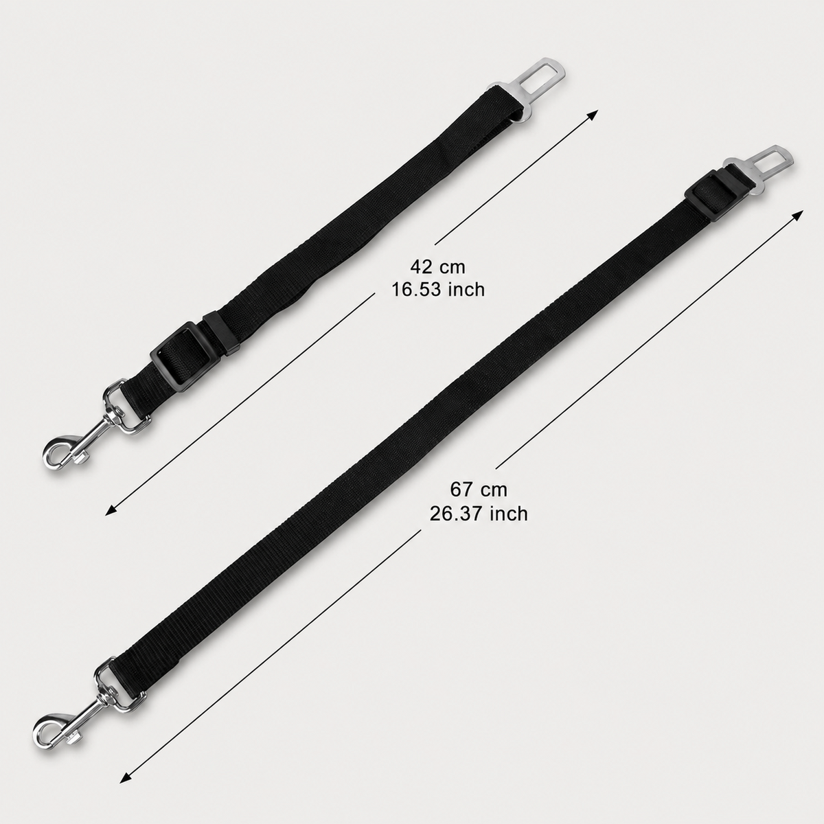 SafeRide adjustable dog car seat belt showing 16.5 to 26.4 inch adjustable length