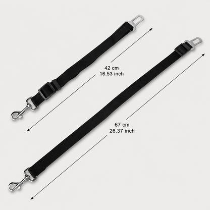 SafeRide adjustable dog car seat belt showing 16.5 to 26.4 inch adjustable length
