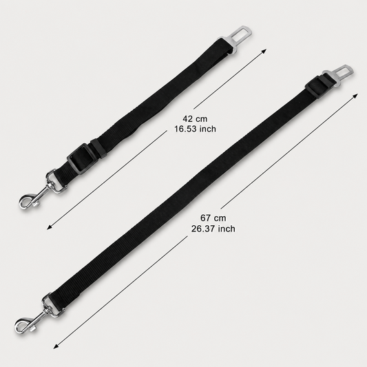 SafeRide adjustable dog car seat belt showing 16.5 to 26.4 inch adjustable length