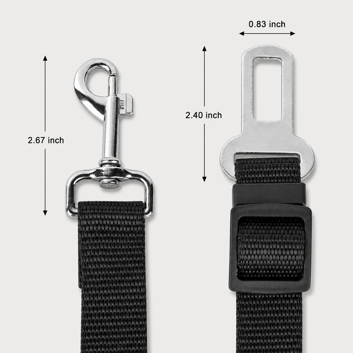 SafeRide dog car seat belt buckle and swivel clip dimensions in inches