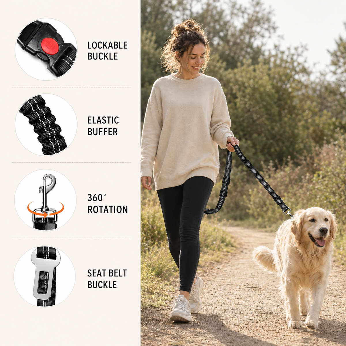 SafeRide dog car seat belt showing the adjustable headrest loop attachment for vehicle use