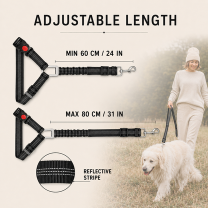 SafeRide reflective dog seat belt with elastic bungee section and metal harness clip