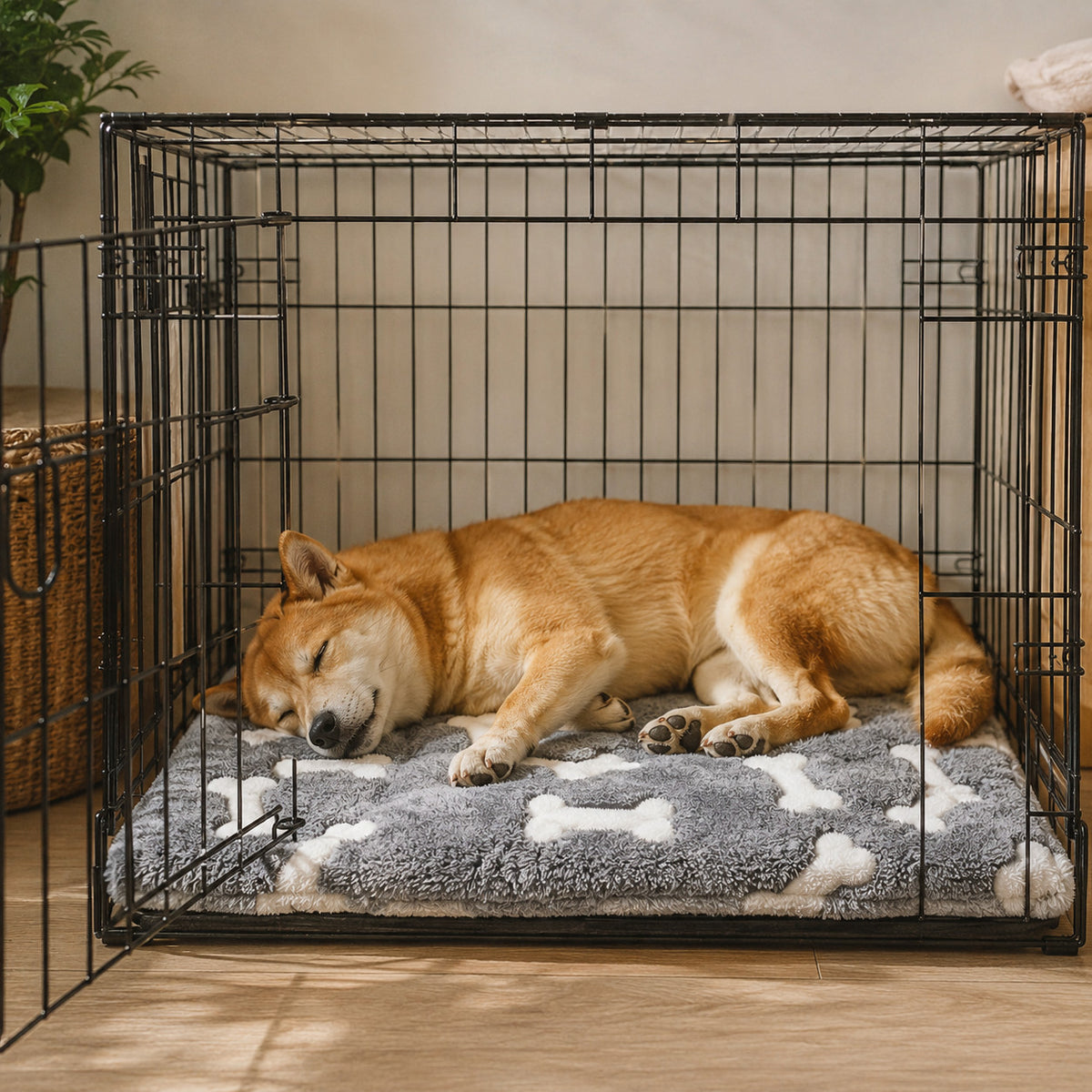 Dog sleeping comfortably on a self-warming mat inside a crate