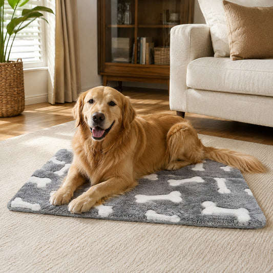 Golden retriever relaxing on a gray self-warming dog mat at home