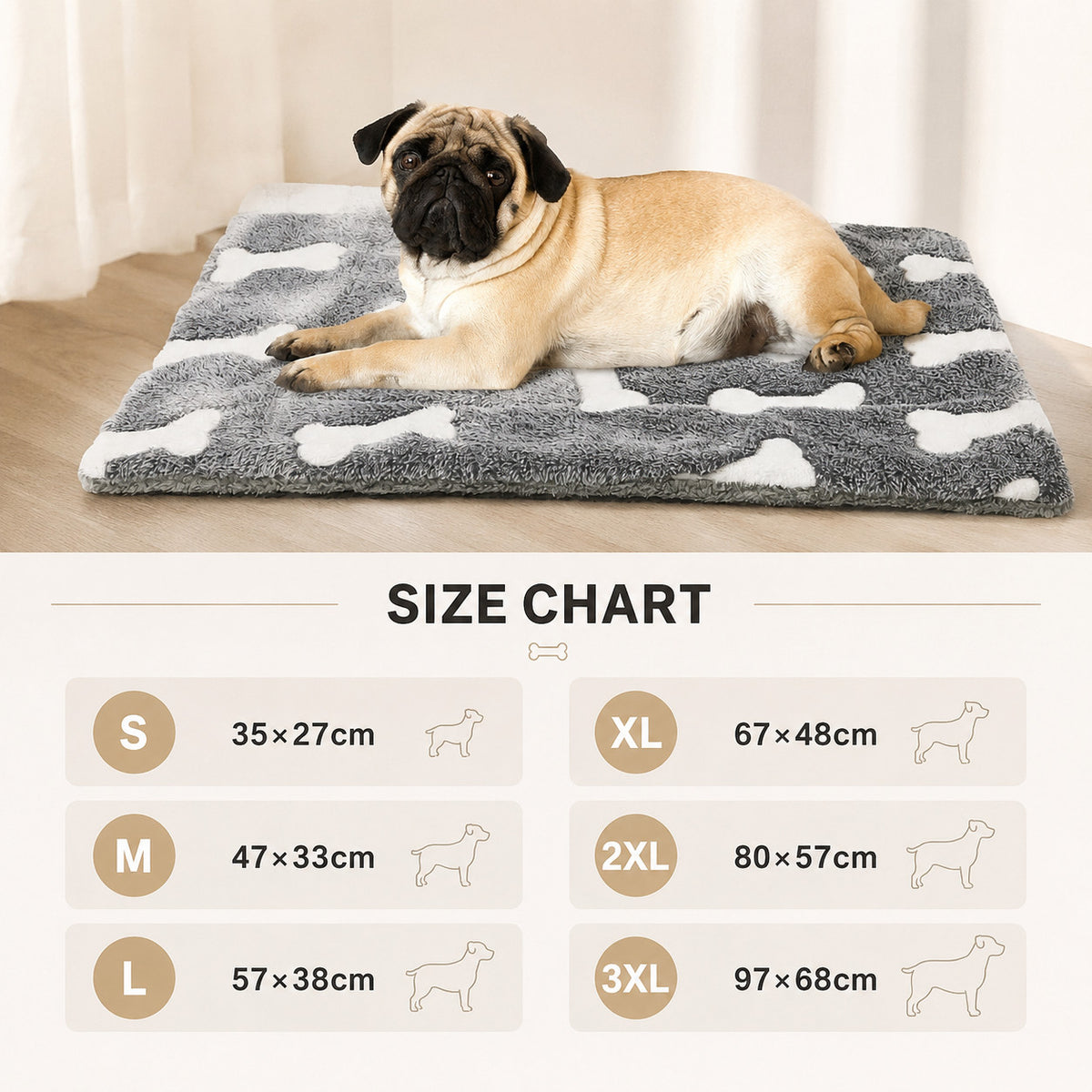 Self-warming dog mat size chart from S to 3XL with dimensions in centimeters