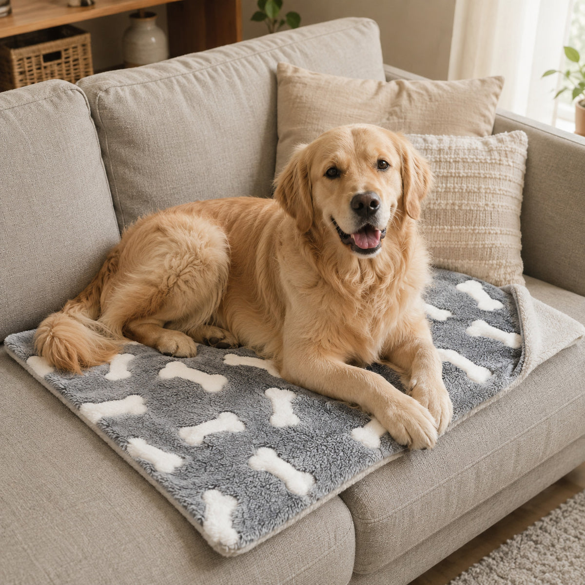 Golden retriever resting on a self-warming dog mat on a sofa