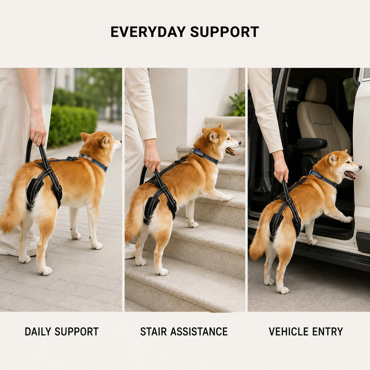Senior dog wearing a rear support sling for gentle hind leg assistance and everyday mobility