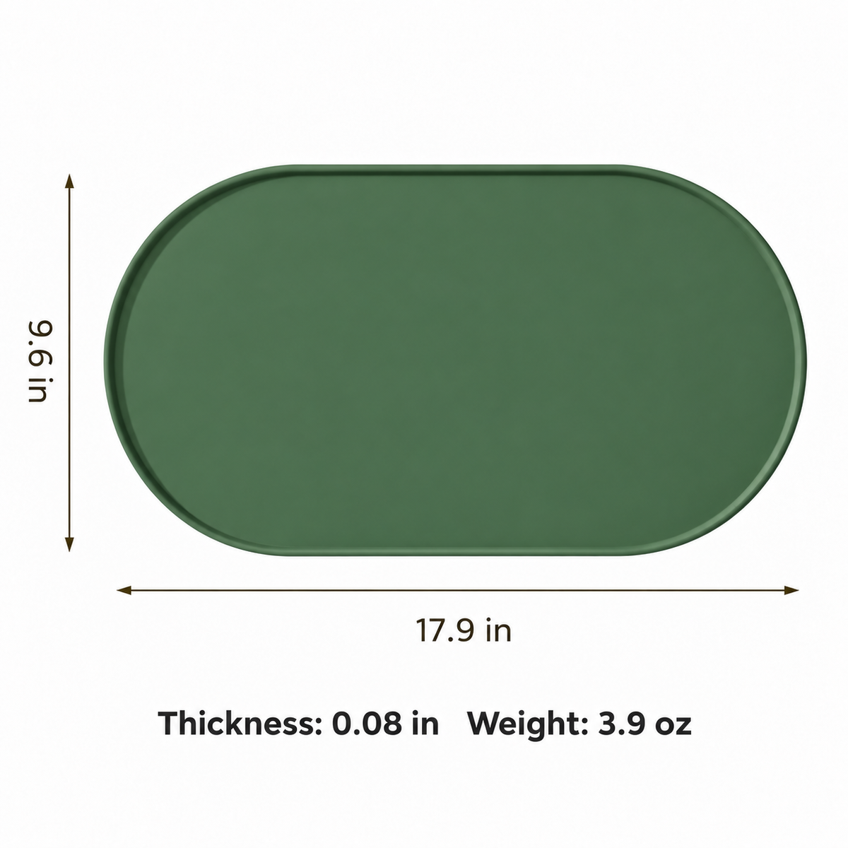 Silicone dog feeding mat size guide showing 17.9 by 9.6 inches, 0.08 inch thickness, and 3.9 ounce weight