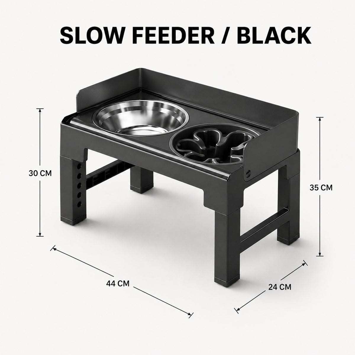 Black adjustable elevated dog bowl with stainless steel bowl and slow feeder insert