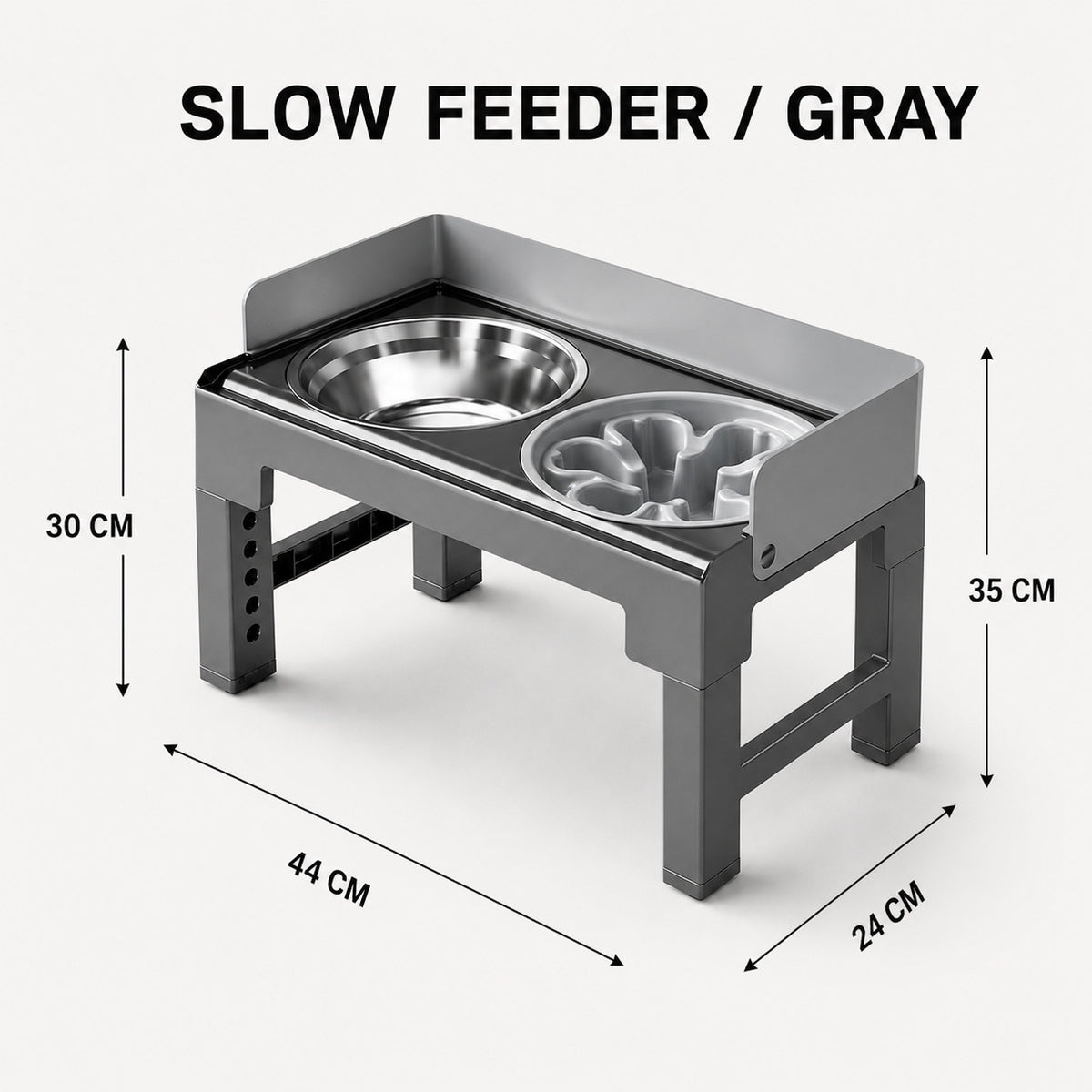 Gray adjustable elevated dog bowl with stainless steel bowl and slow feeder insert