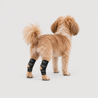 Small dog wearing black adjustable hind leg support braces